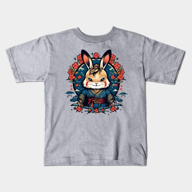 Japanese Samurai Rabbit Tattoo, Kawaii Ninja Rabbit Kids T-Shirt by TaevasDesign